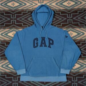 Vintage Y2K GAP Blue Embroidered Logo Fleece Hoodie Sweatshirt M Spell out
